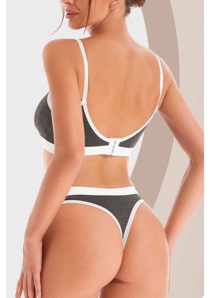Kadın Gri Antrasit Kaşkorse ve Beyaz Lastikli Cut-Out Tanga Külotlu Takım indirimleri