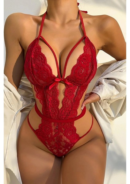 Şık Kırmızı Dantelli Babydoll Gecelik BRF1302