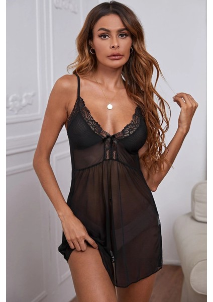 Kadın Siyah V Yaka Dantel Detaylı Tül Gecelik