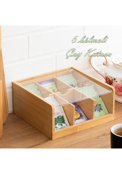 Home 005 Ahşap Bambu 6 Bölmeli Organizer Poşet Çay Kutusu Sallama Çay Kutusu