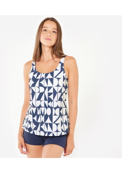 Kadın U Kesim Sırt Detaylı Şortlu Mayo - Mavi - Desenli - Heva