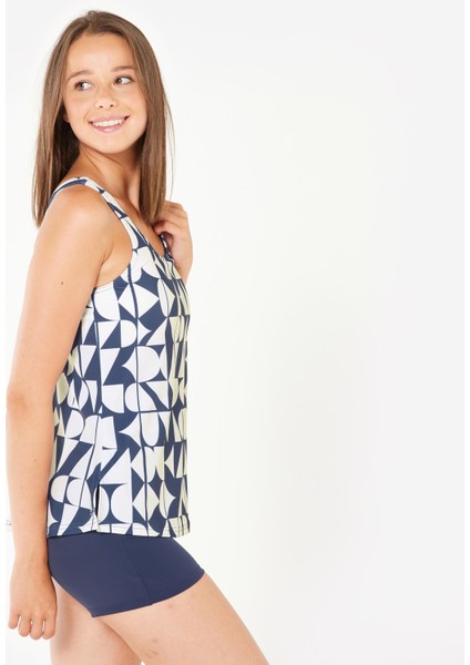 Kadın U Kesim Sırt Detaylı Şortlu Mayo - Mavi - Desenli - Heva indirimleri