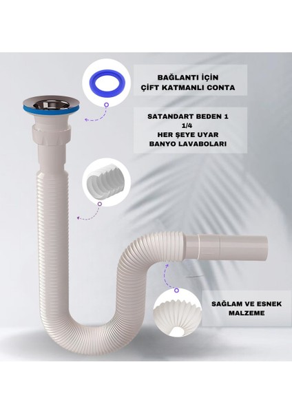 Lavabo Evye Gider Sifonu - Körüklü - Paslanmaz Süzgeç - Paslanmaz Vida