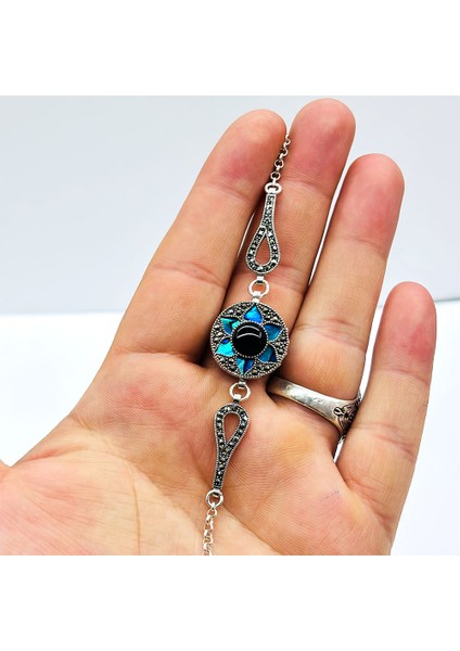 Mavi Mine ve Oltu Taşı Işçilikli 925 Ayar Gümüş Bileklik
