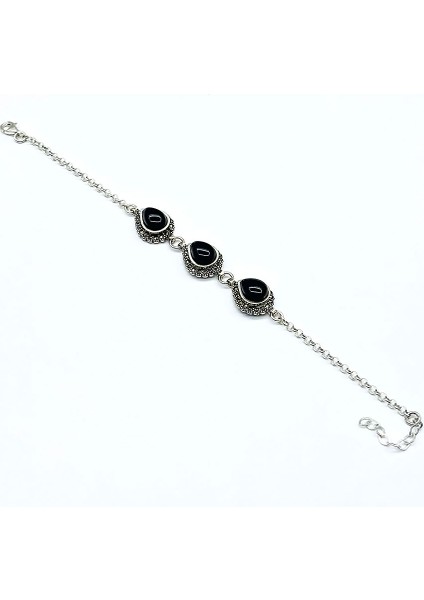 Damla Model Zirkon Oltu Taşı Işçilikli 925 Ayar Gümüş Bi
