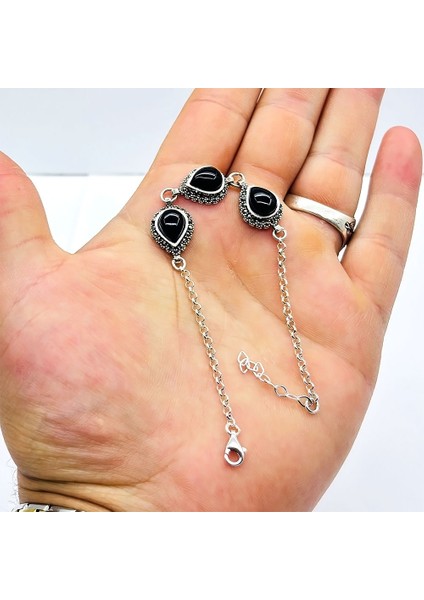 Damla Model Zirkon Oltu Taşı Işçilikli 925 Ayar Gümüş Bi