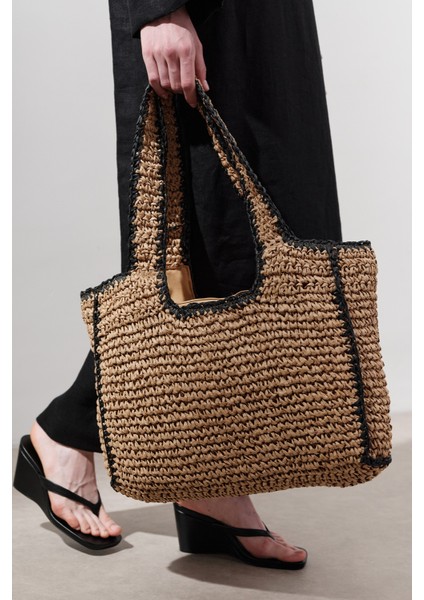 Kontrast Detaylı Hasır Çanta Natural