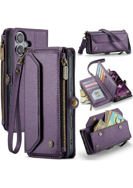 IPhone 16 Plus Vaka Cüzdan Fermuar Faturaları Yuvası Kartı Crossbody Flip Case (Yurt Dışından)
