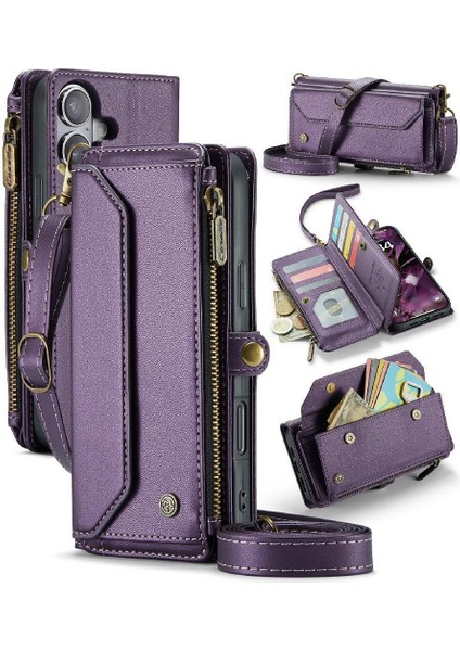 IPhone 16 Plus Vaka Cüzdan Fermuar Faturaları Yuvası Kartı Crossbody Flip Case (Yurt Dışından) modelleri