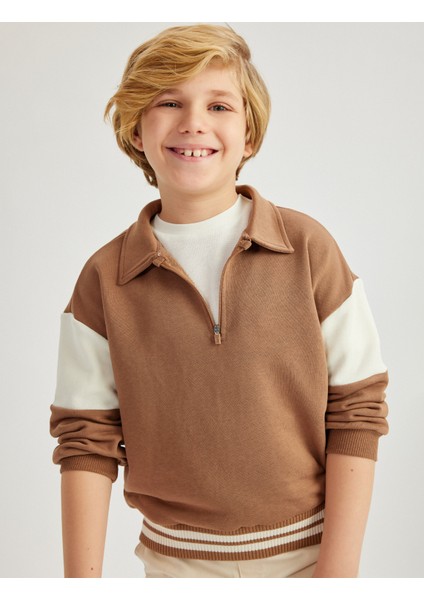 Yeni Sezon Uzun Kollu Yarım Fermuarlı Oversize Polo Yaka Sweatshirt