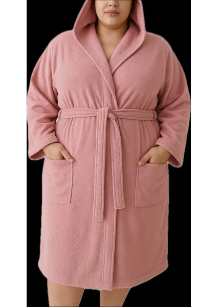 Model Home Pamuklu Büyük Beden Kapşonlu Pembe Renkli Bornoz 4xl-5xl-6xl-7xl