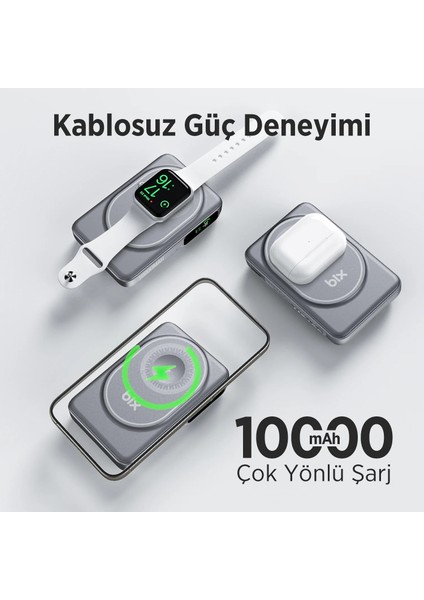 TPB16 10.000 Mah OLED Ekranlı Manyetik Kablosuz Powerbank 20W Pd Hızlı Şarj ve 15W Magsafe Gri