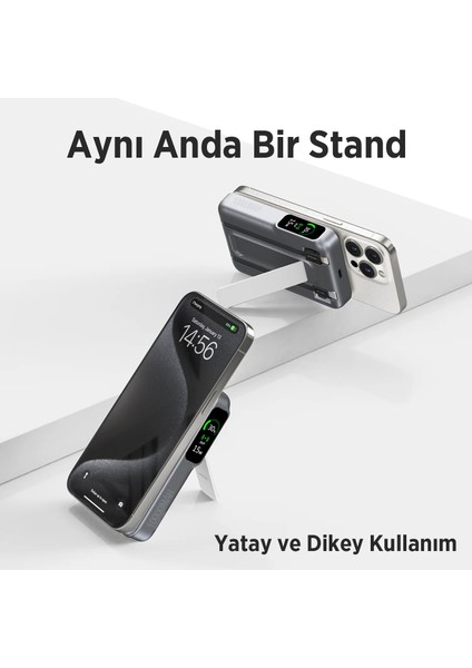 TPB16 10.000 Mah OLED Ekranlı Manyetik Kablosuz Powerbank 20W Pd Hızlı Şarj ve 15W Magsafe Gri