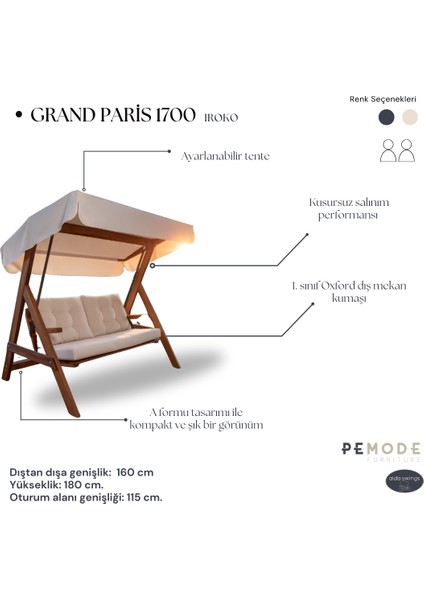 Grand Paris 1700 Iroko 2 Kişilik Salıncak, Bahçe ve Balkon, Teras Ahşap Salıncak