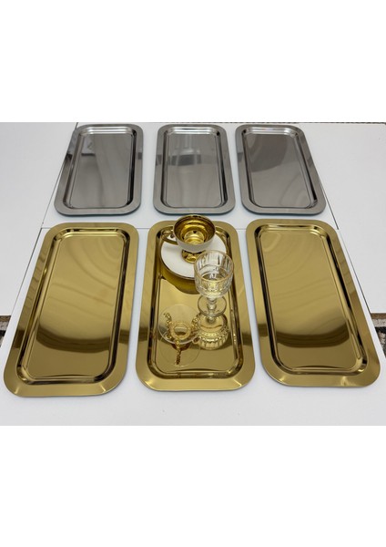 3 Gold 3 Gümüş Büyük Dikdörtgen Model Servis ve Sunum Tepsisi 18*33 cm