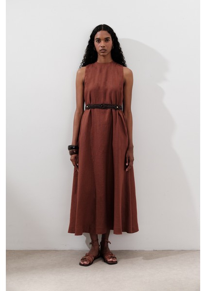 Keten Büzgülü Geniş Elbise Bakır