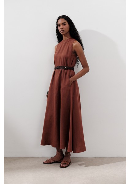Keten Büzgülü Geniş Elbise Bakır fiyatları