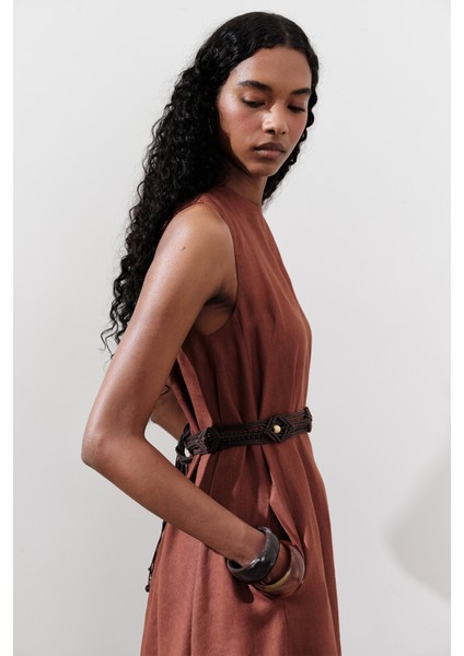 Keten Büzgülü Geniş Elbise Bakır modelleri