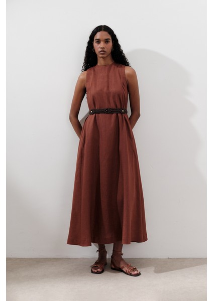 Keten Büzgülü Geniş Elbise Bakır fırsatları