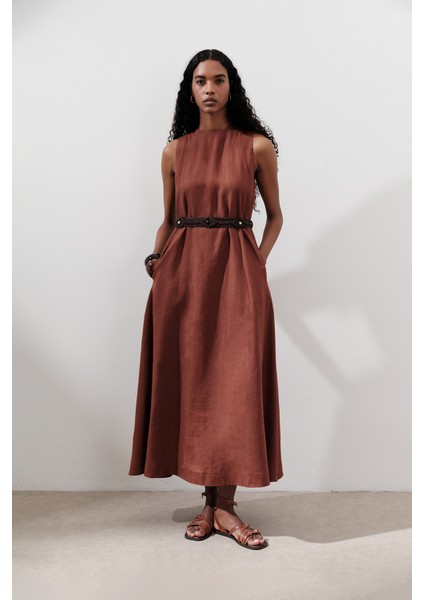 Keten Büzgülü Geniş Elbise Bakır indirimleri