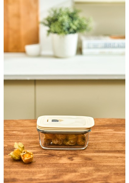 Cream Vakumlu Kapaklı Cam Saklama Kabı 0.4 Lt