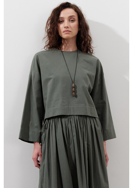 Pamuklu Crop Uzun Kol Bluz Çam Yeşili