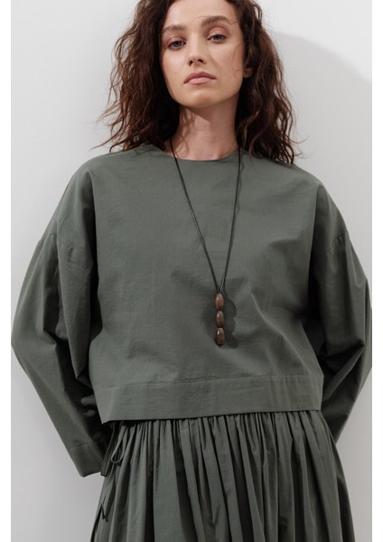 Pamuklu Crop Uzun Kol Bluz Çam Yeşili fiyatları