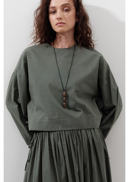 Pamuklu Crop Uzun Kol Bluz Çam Yeşili indirimleri