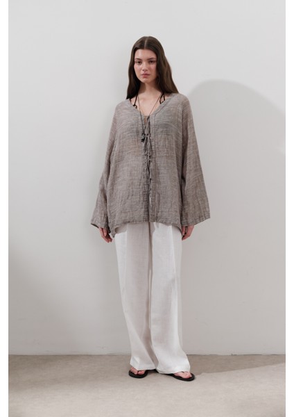 Keten Karışımlı Bağlamalı Bluz Kahverengi