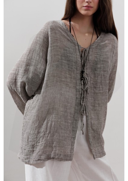 Keten Karışımlı Bağlamalı Bluz Kahverengi modelleri