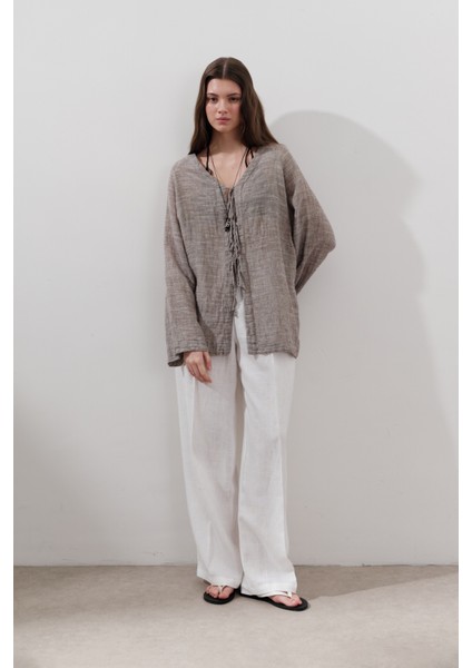 Keten Karışımlı Bağlamalı Bluz Kahverengi fırsatları