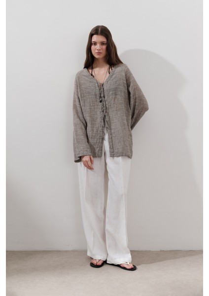 Keten Karışımlı Bağlamalı Bluz Kahverengi indirimleri