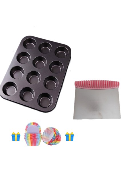Home 12'li Yanmaz Yapışmaz Muffin Kek Kalıbı+ Hamur Kesme ve Kazıma Aparatı / Fırın Kalıbı / Muffin Kalıbı / Kek Kalıbı (100 Adet Kağıt Hediyeli)