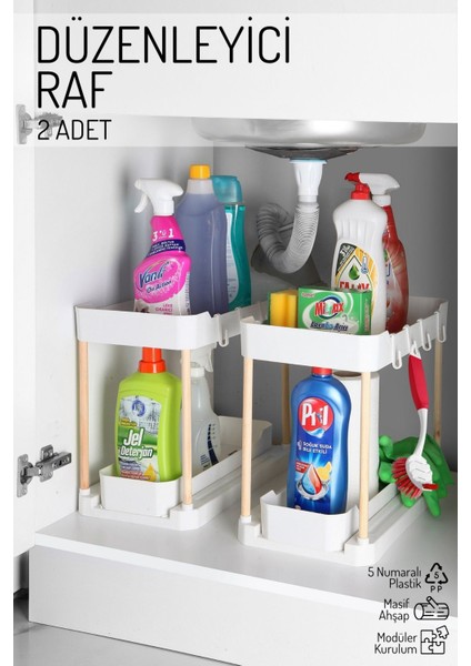 2'li Set Ahşap Ayaklı Iki Katlı Fonksiyonel Düzenleyici – Dolap, Evye Altı, Tezgah Üstü Beyaz