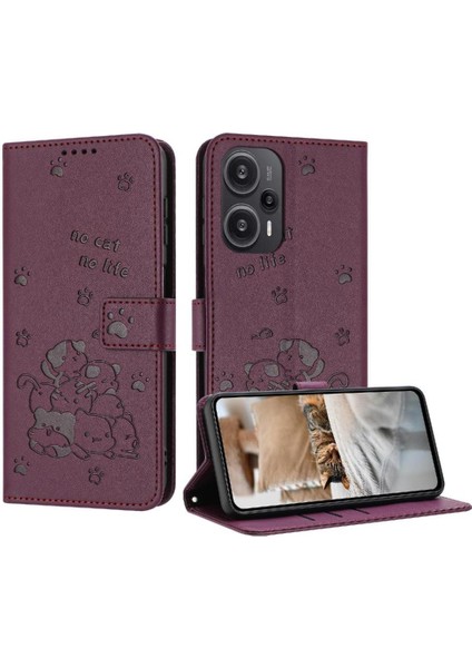 Xiaomi Poco F5 Flip Case Deri Cüzdan Pu Deri Sevimli Kedi Kartı (Yurt Dışından)