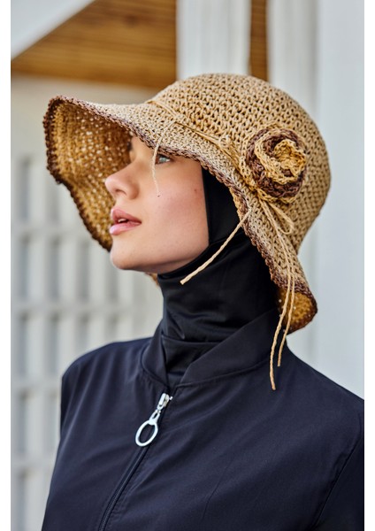 Çiçek Detaylı El Örgü Hasır Şapka Rş-84 Camel