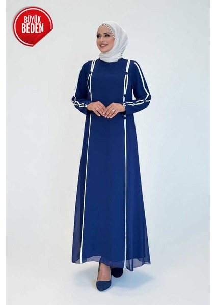Büyük Beden Düğme Detaylı Elbise 3919-1 Lacivert