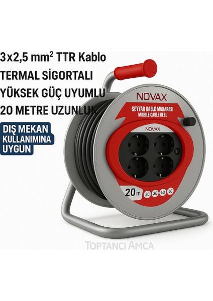 Metal Makaralı Seyyar 4 Prizli Uzatma Kablosu 3x2.5 mm Ttr Kablo 20 Metre Termal Sigorta