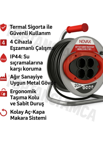 Metal Makaralı Seyyar 4 Prizli Uzatma Kablosu 3x2.5 mm Ttr Kablo 20 Metre Termal Sigorta fiyatları