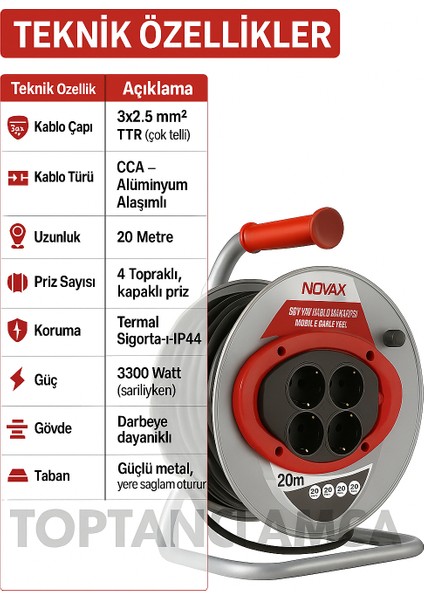 Metal Makaralı Seyyar 4 Prizli Uzatma Kablosu 3x2.5 mm Ttr Kablo 20 Metre Termal Sigorta