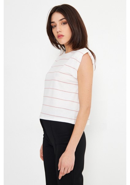 Kadın Vatka Detaylı T-Shirt Bakır Sim Çizgili fiyatları