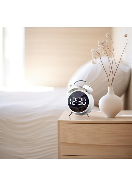 LED Ekranlı Analog Alarmlı Masa Saati Çalar Saat Pil Dereceli Çift Alarmlı Dijital Saat Beyaz