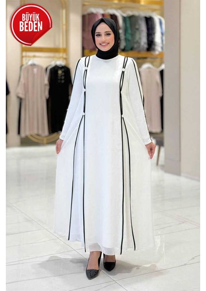 Büyük Beden Düğme Detaylı Elbise 3919-1 Ekru