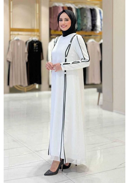 Büyük Beden Düğme Detaylı Elbise 3919-1 Ekru modelleri