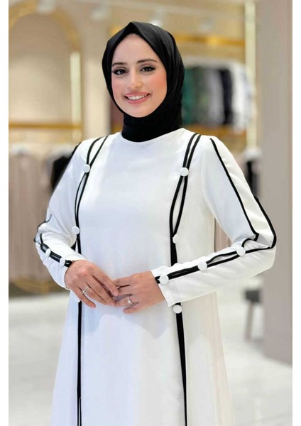 Büyük Beden Düğme Detaylı Elbise 3919-1 Ekru fırsatları