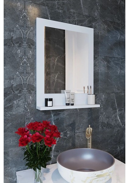 Raflı Banyo, Lavabo, Wc , Dresuar , Koridor , Mutfak , Makyaj 60X45 Beyaz Dik Ayna