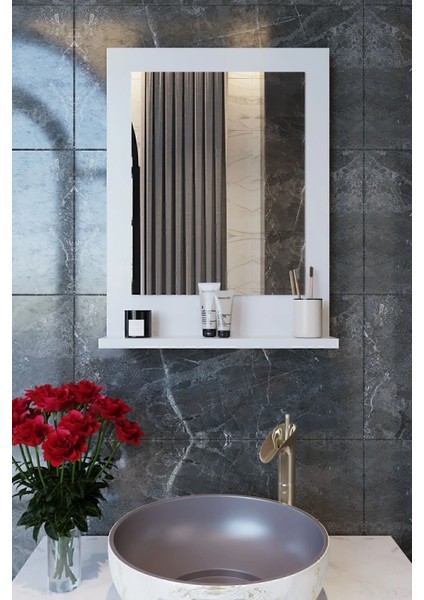 Raflı Banyo, Lavabo, Wc , Dresuar , Koridor , Mutfak , Makyaj 60X45 Beyaz Dik Ayna