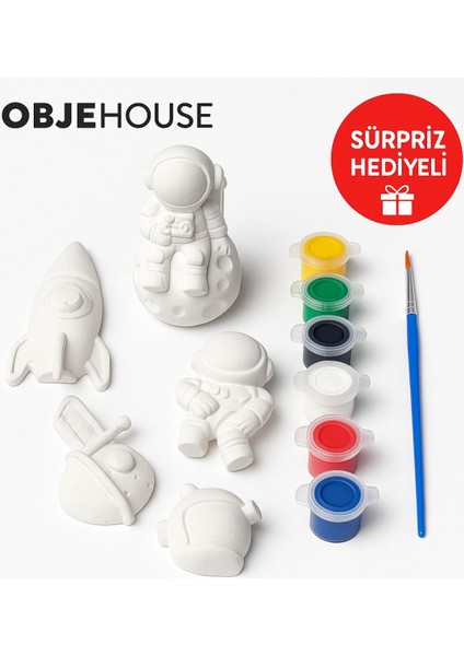 Objehouse Çocuk Temalı Alçı Boyama Seti – 6 Figür + 6 Renk + Fırça