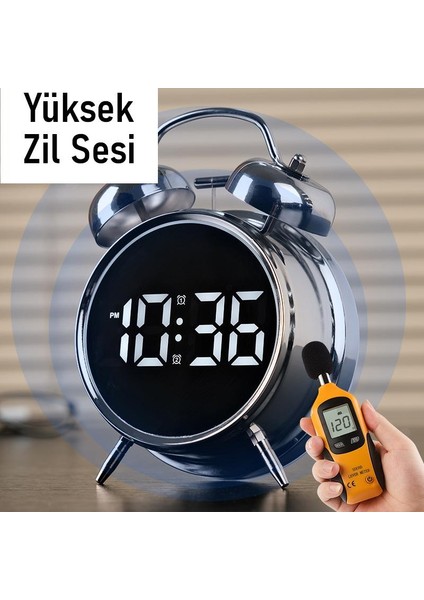 LED Ekranlı Analog Alarmlı Masa Saati Çalar Saat Pil Dereceli Çift Alarmlı Dijital Saat Gümüş