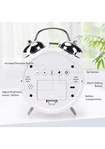 LED Ekranlı Analog Alarmlı Masa Saati Çalar Saat Pil Dereceli Çift Alarmlı Dijital Saat Gümüş
